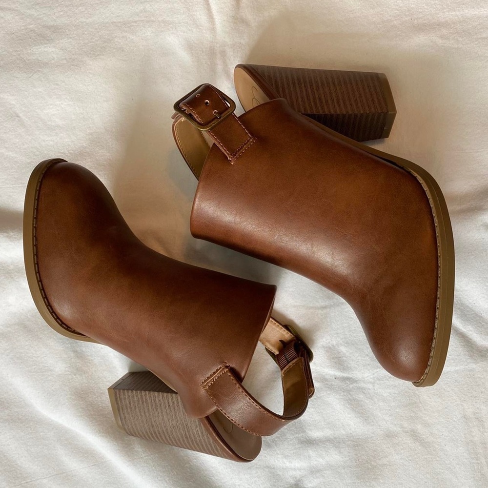 brown faux leather slingback mule block heel clogs